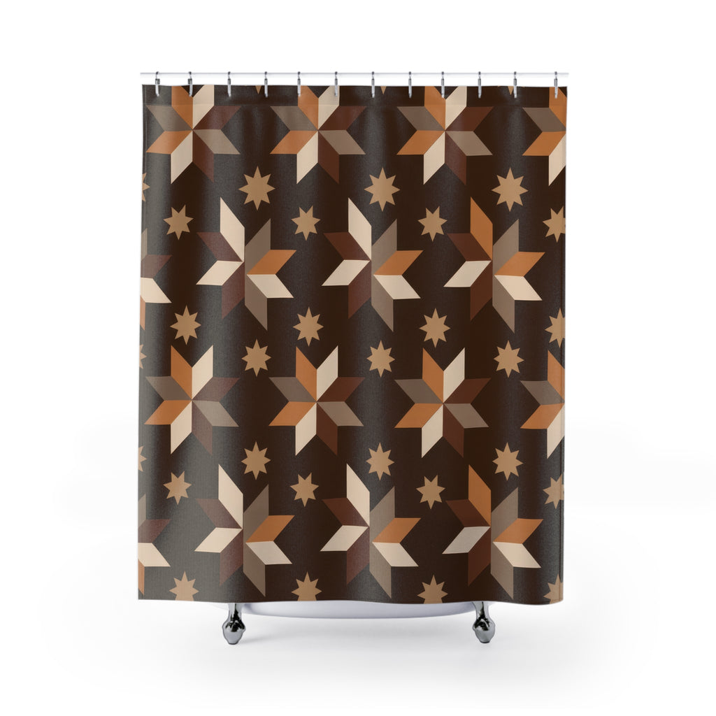 Caramel, taupe and cream folk stars on cocoa brown shower curtain with full front view