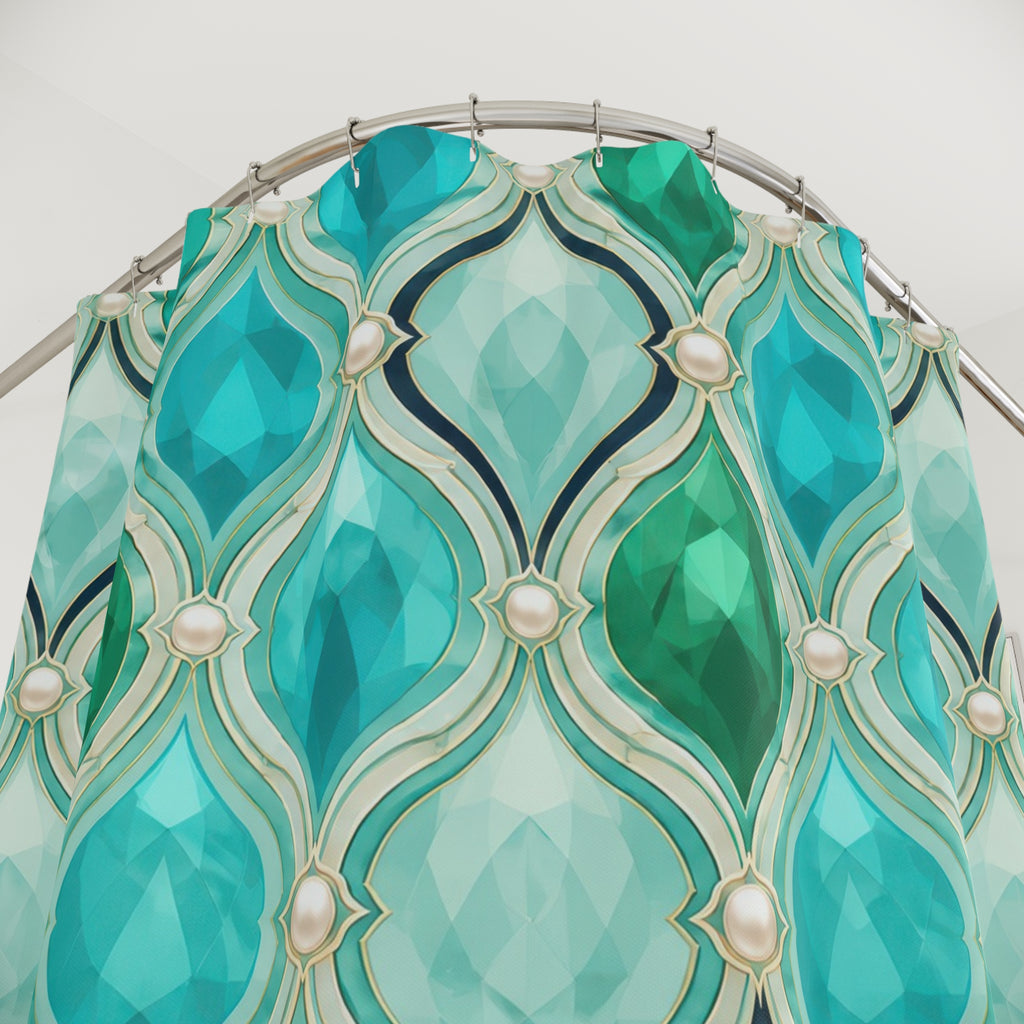 Turquoise faceted droplet and ivory pearl ogee lattice shower curtain with close-up print, hooks, and folds
