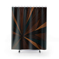 Walnut wood starburst with black teal and copper inlays shower curtain with full front view