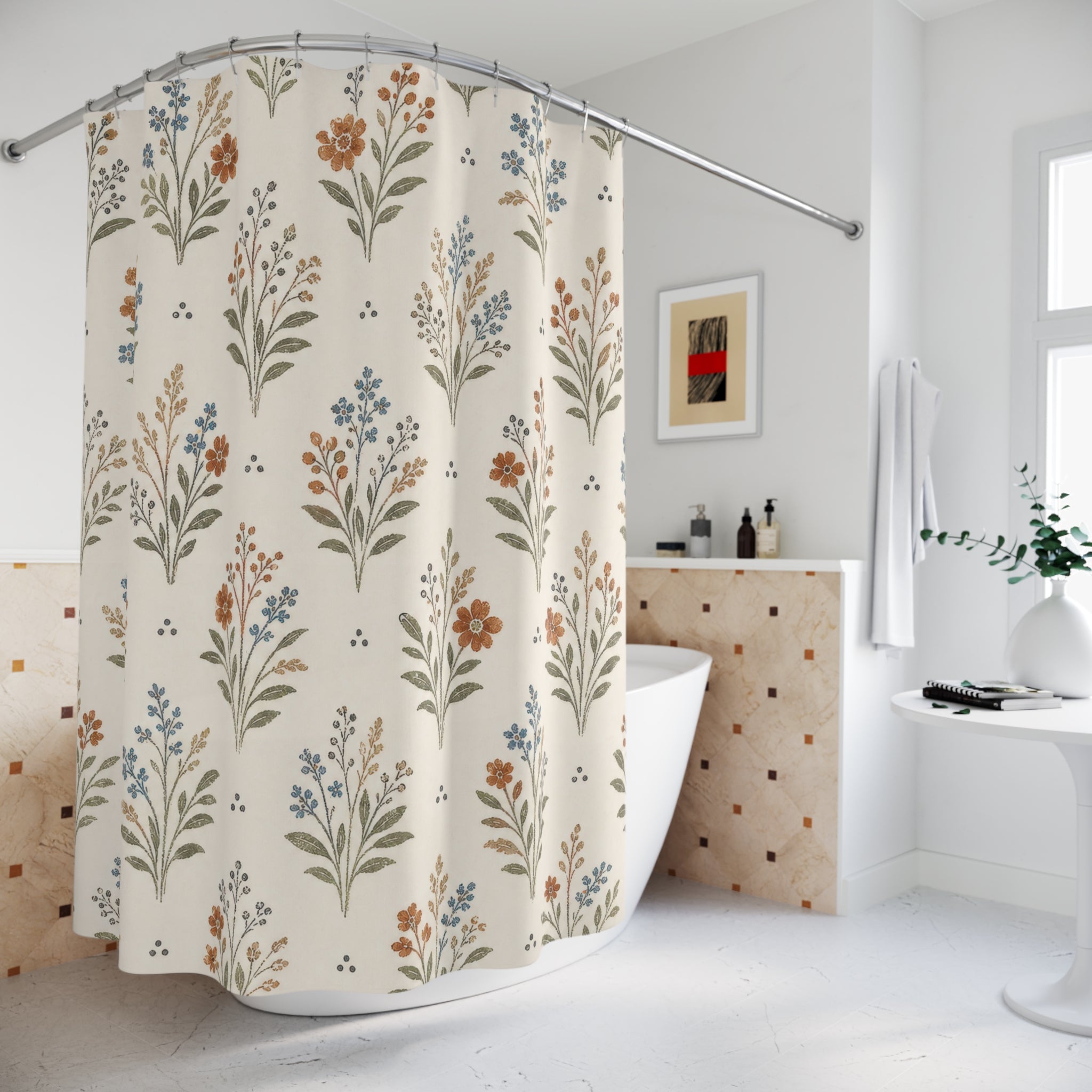 Cream Botanical Floral Shower Curtain