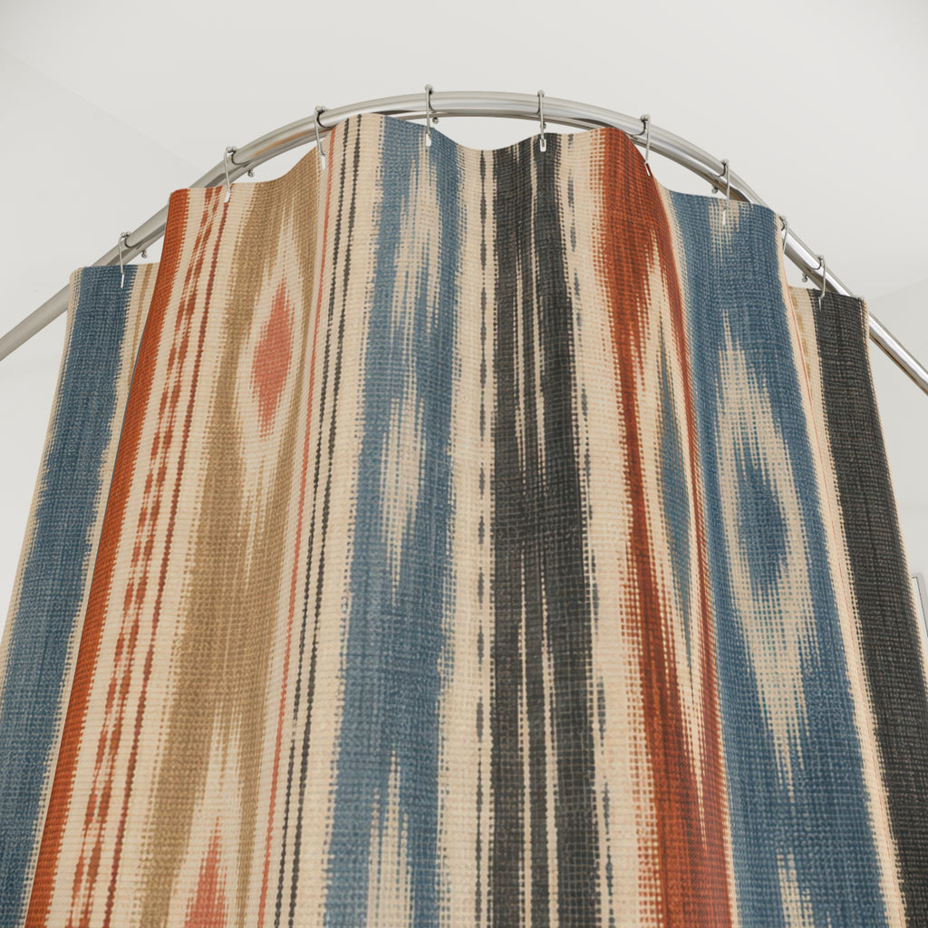 Terracotta Blue Ikat Inspired Stripe Shower Curtain