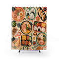 Smiling ramen bowls and tiny bento foods in a coral mint mosaic shower curtain, full front view