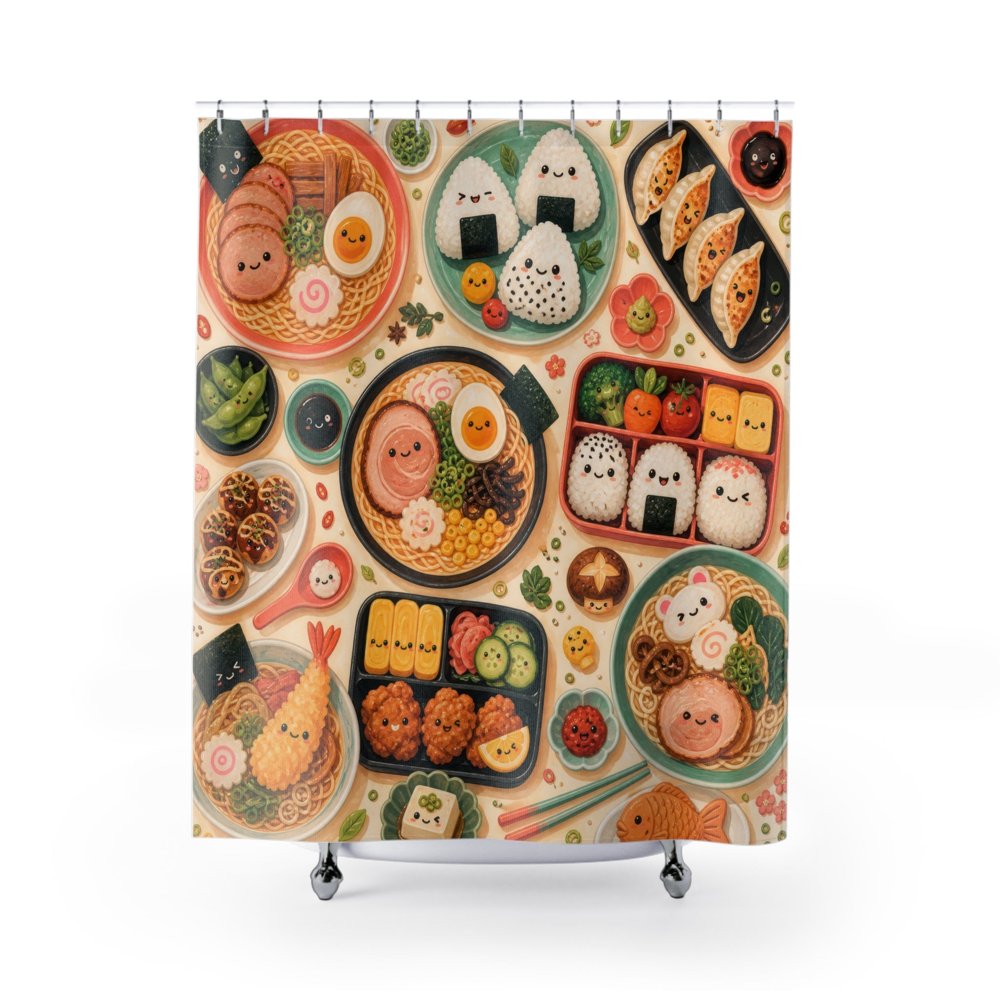 Smiling ramen bowls and tiny bento foods in a coral mint mosaic shower curtain, full front view