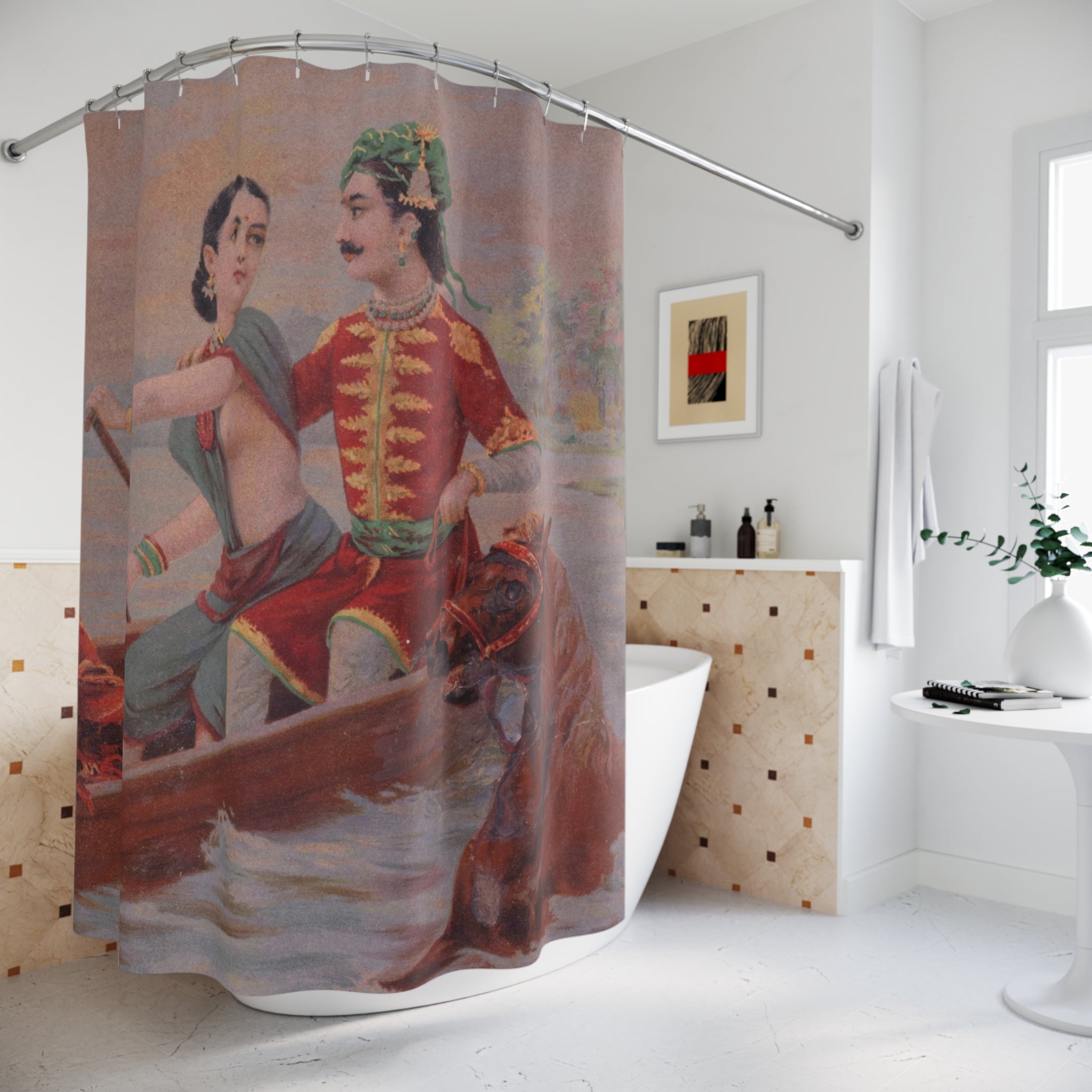 Indian Art Shower Curtain: Vintage River Scene