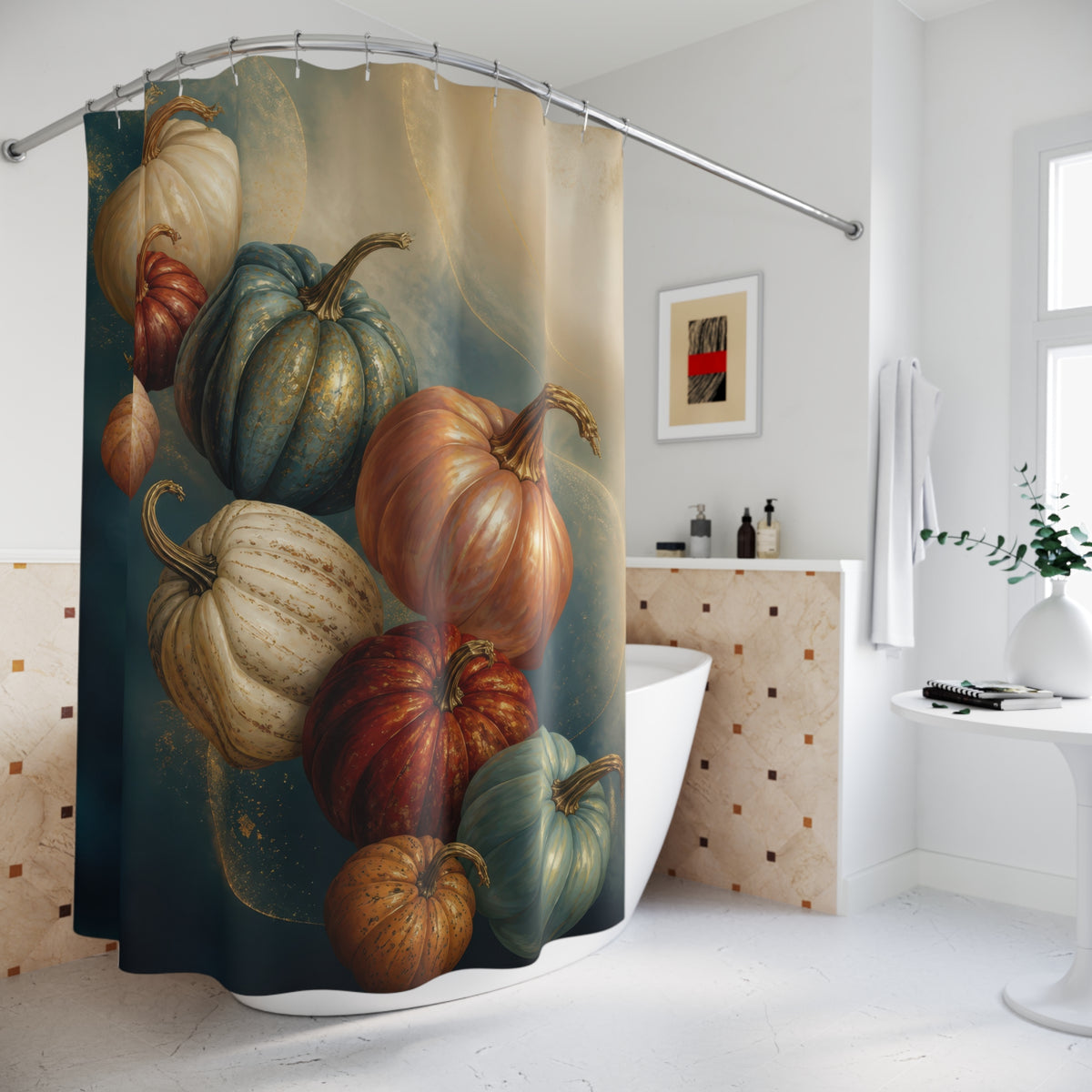 Teal and peach floating pumpkin cascade shower curtain beside a freestanding tub