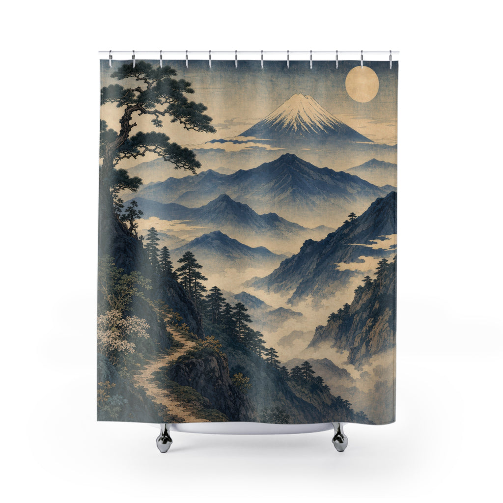Unique Mountain Shower Curtain, Misty Blue Landscape Art, Moon Pine Japanese Inspired Decor, Serene Guest Bath Wall Accent Gift For Home