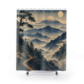 Unique Mountain Shower Curtain, Misty Blue Landscape Art, Moon Pine Japanese Inspired Decor, Serene Guest Bath Wall Accent Gift For Home