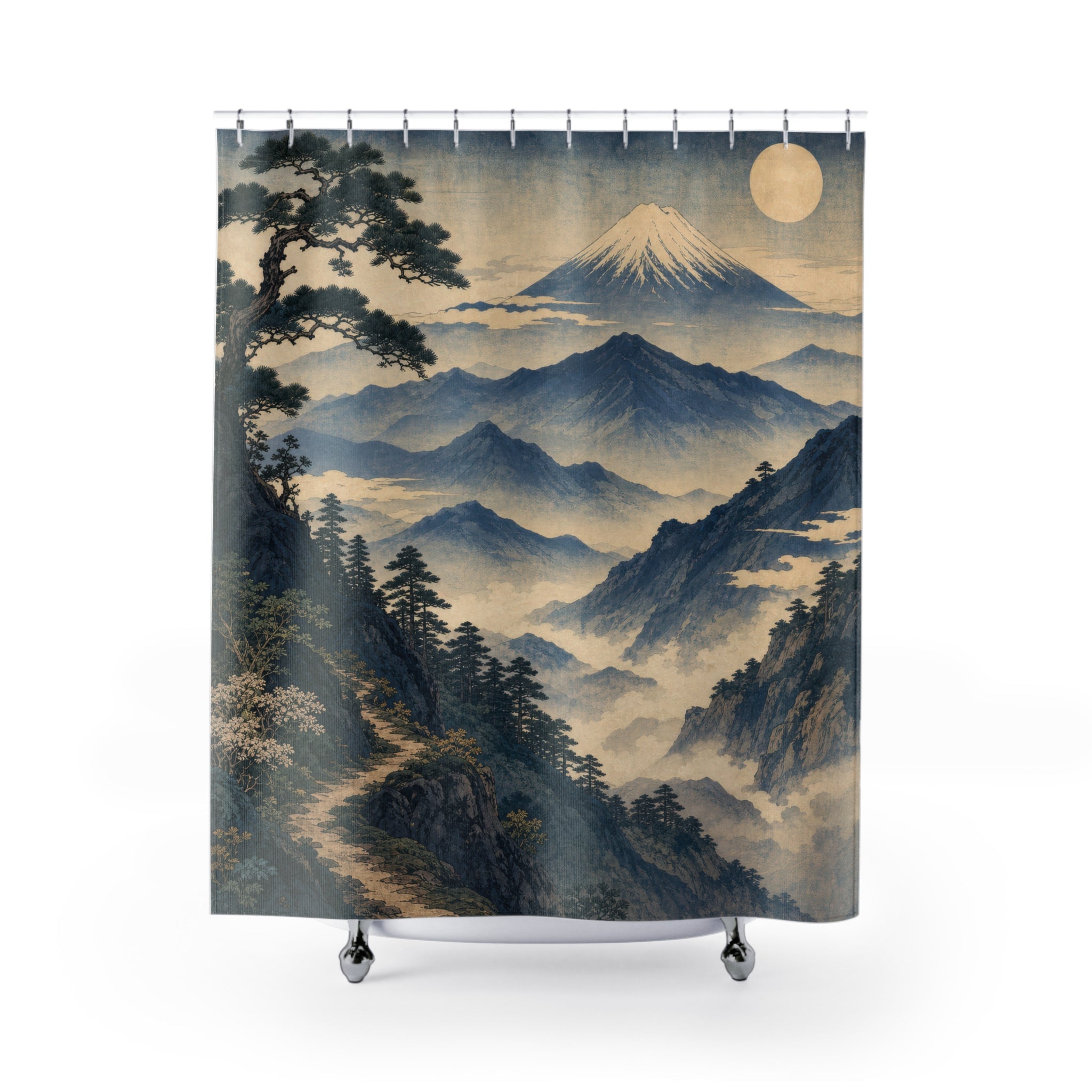 Unique Mountain Shower Curtain, Misty Blue Landscape Art, Moon Pine Japanese Inspired Decor, Serene Guest Bath Wall Accent Gift For Home