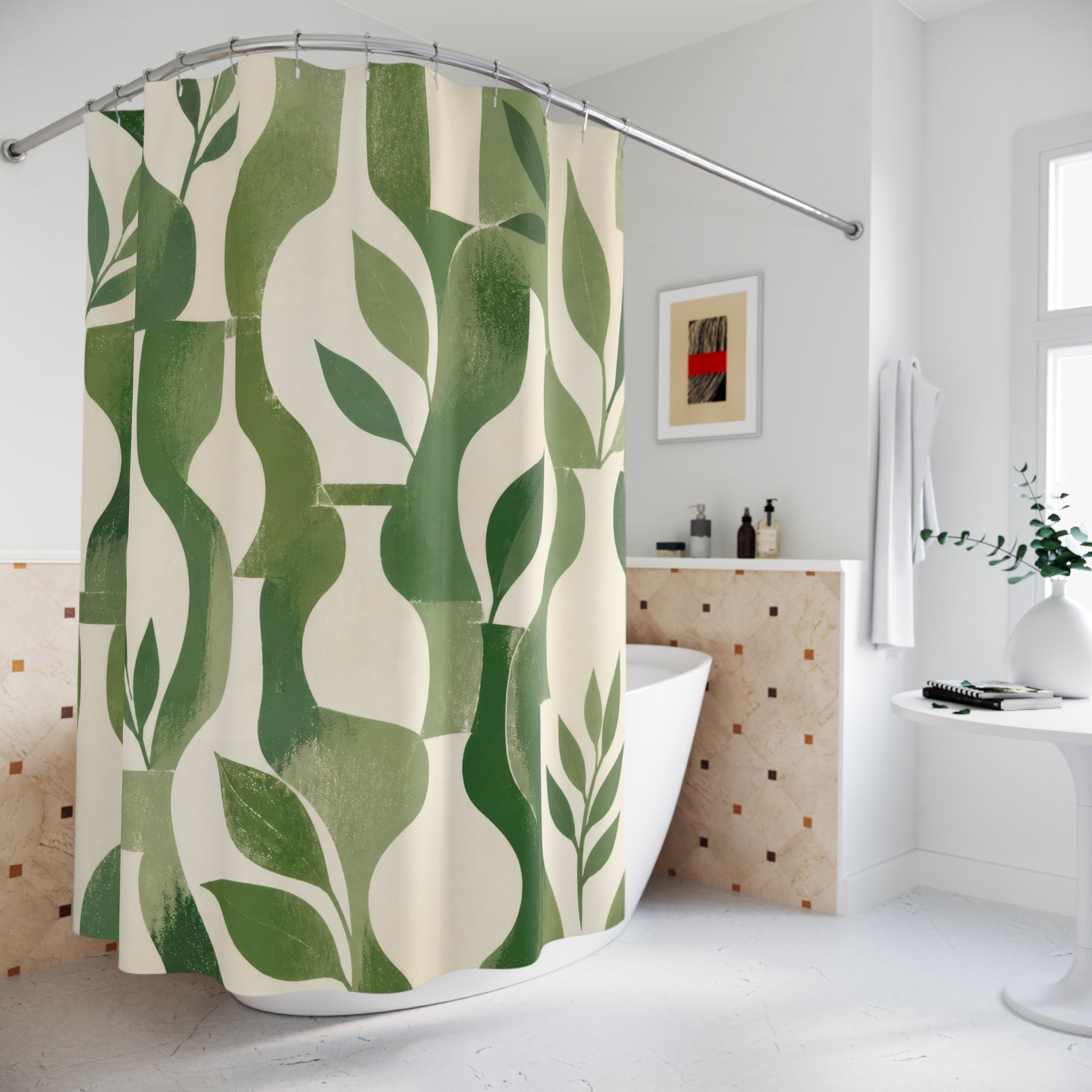Green and White Shower Curtain, Botanical Leaf Bath Decor, Modern Abstract Block Pattern, Fresh Guest Bathroom Decor, Sage Style Decor
