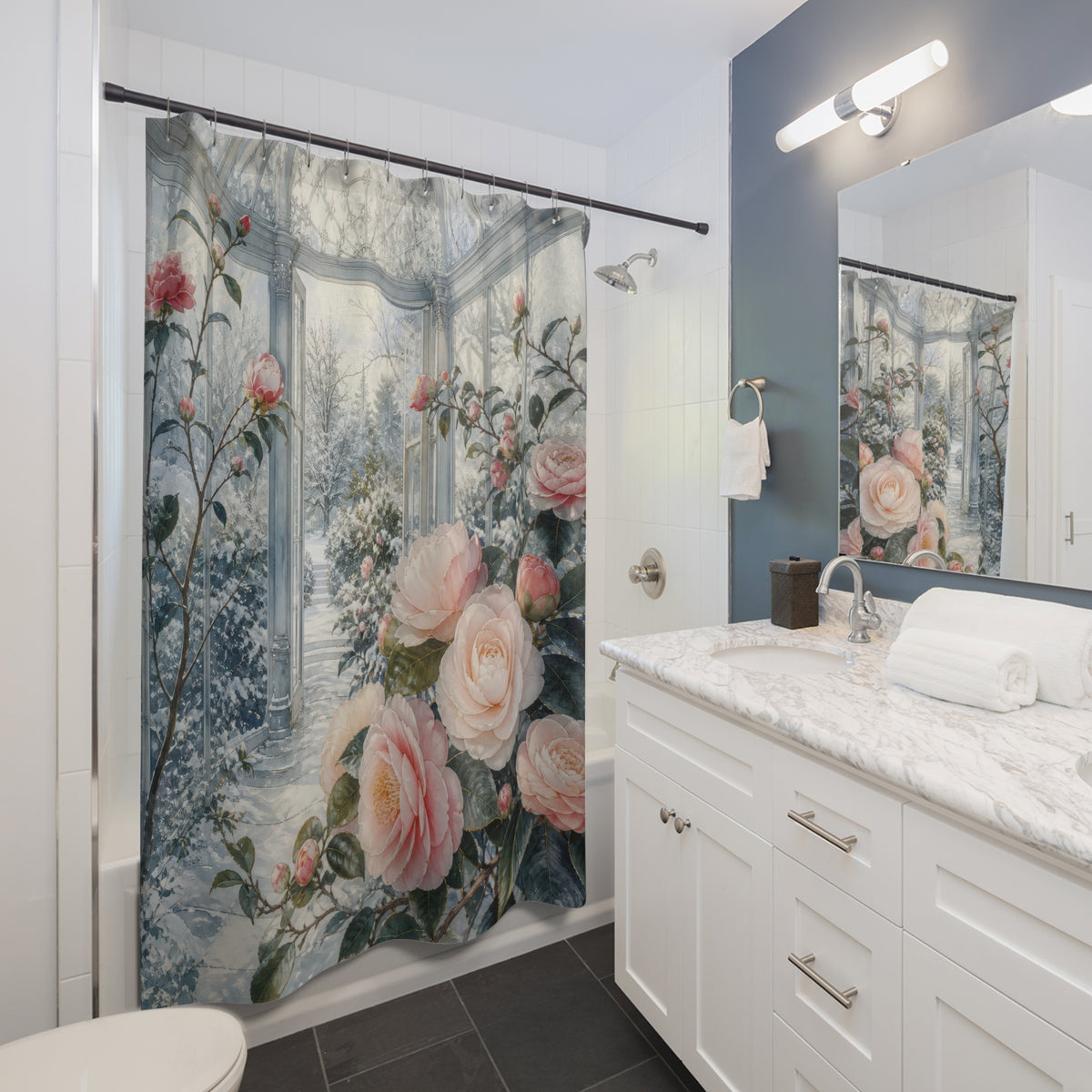 Blush winter camellias in a frosted glass conservatory shower curtain beside a white vanity