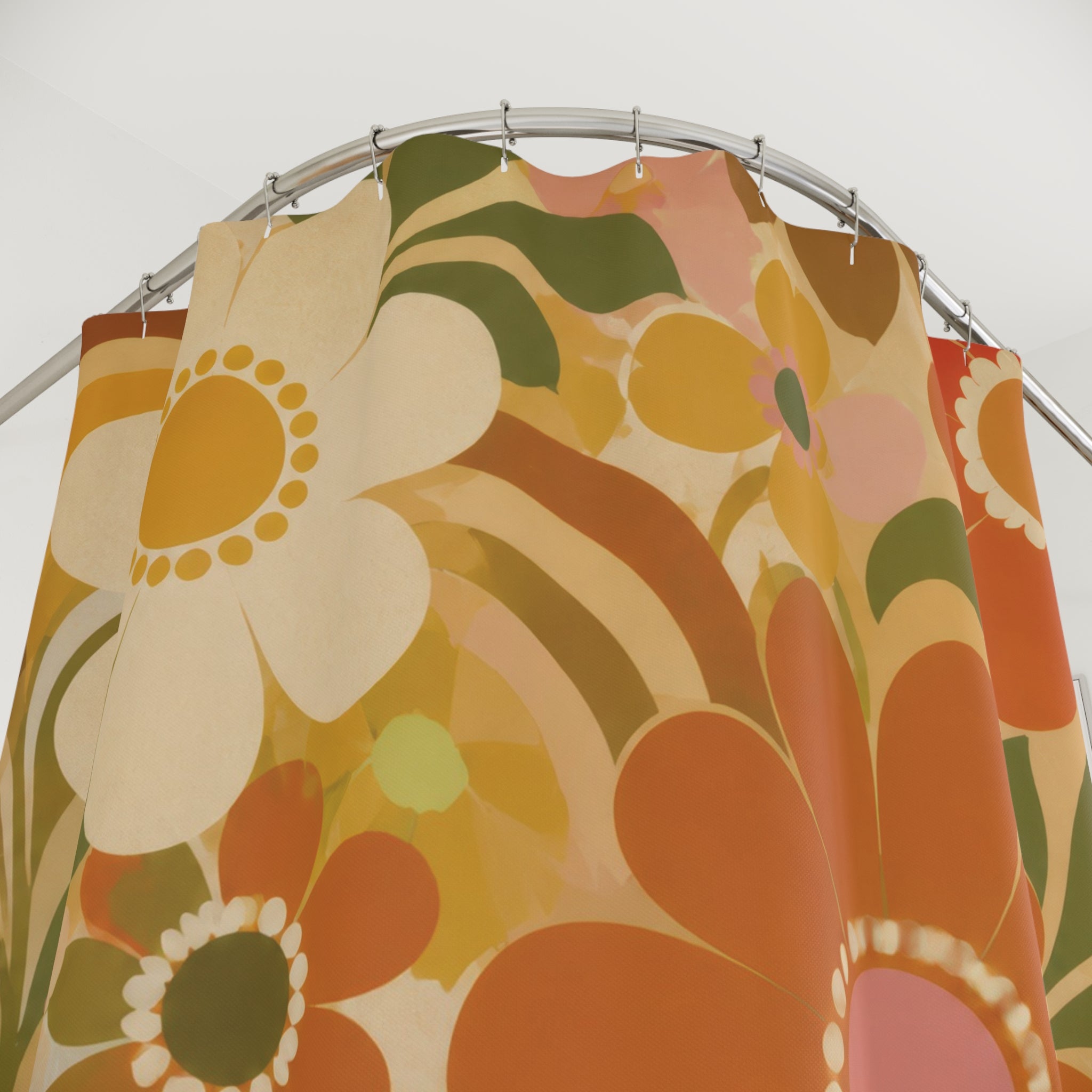 Retro Floral Shower Curtain: Orange Yellow Green Daisy Pattern