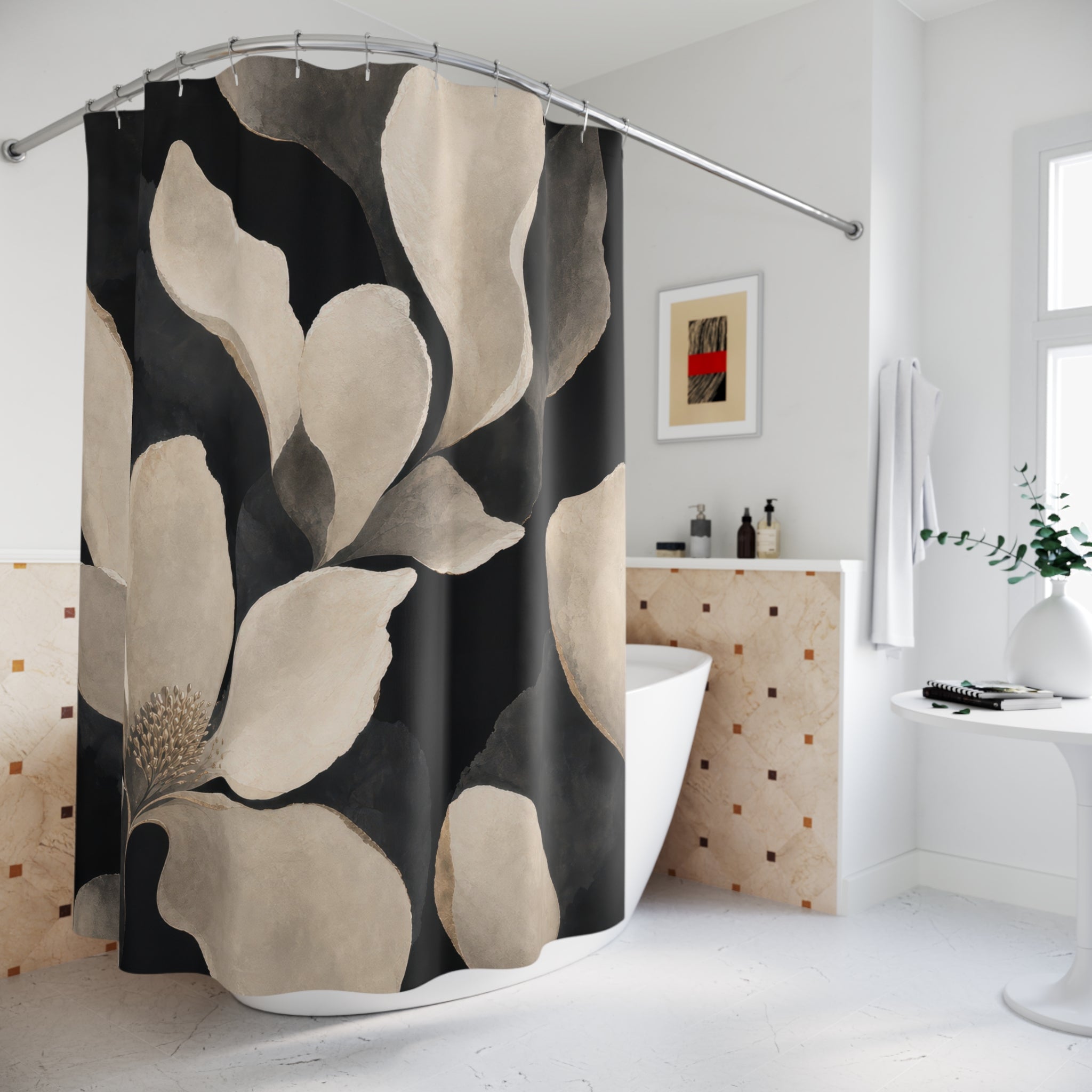 Black Floral Shower Curtain, White Magnolia Bath Decor, Cream Gray Large Flower Pattern, Modern Botanical Guest Bathroom Decor Style