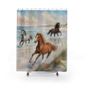 Three wild horses galloping through coastal surf shower curtain with full front view