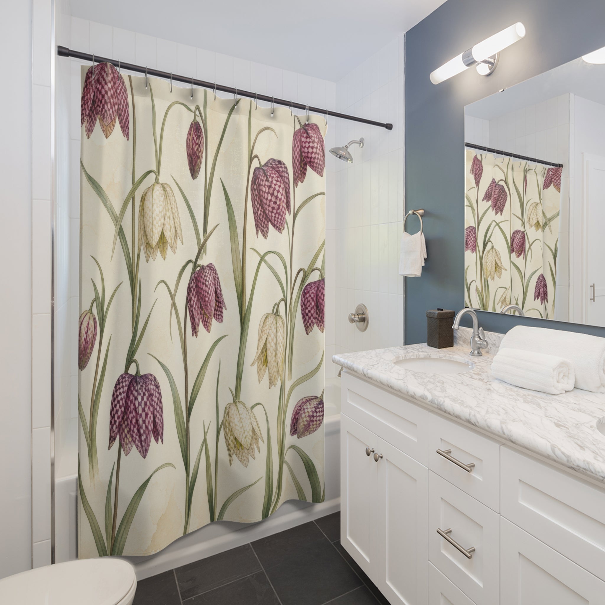 Checkered Purple Bell Flower Botanical Floral Shower Curtain