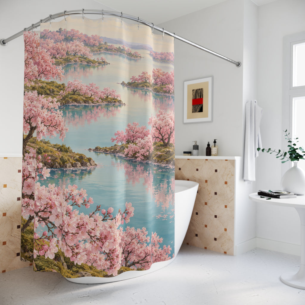 Pink cherry trees reflected in an aqua lake shower curtain beside a freestanding tub