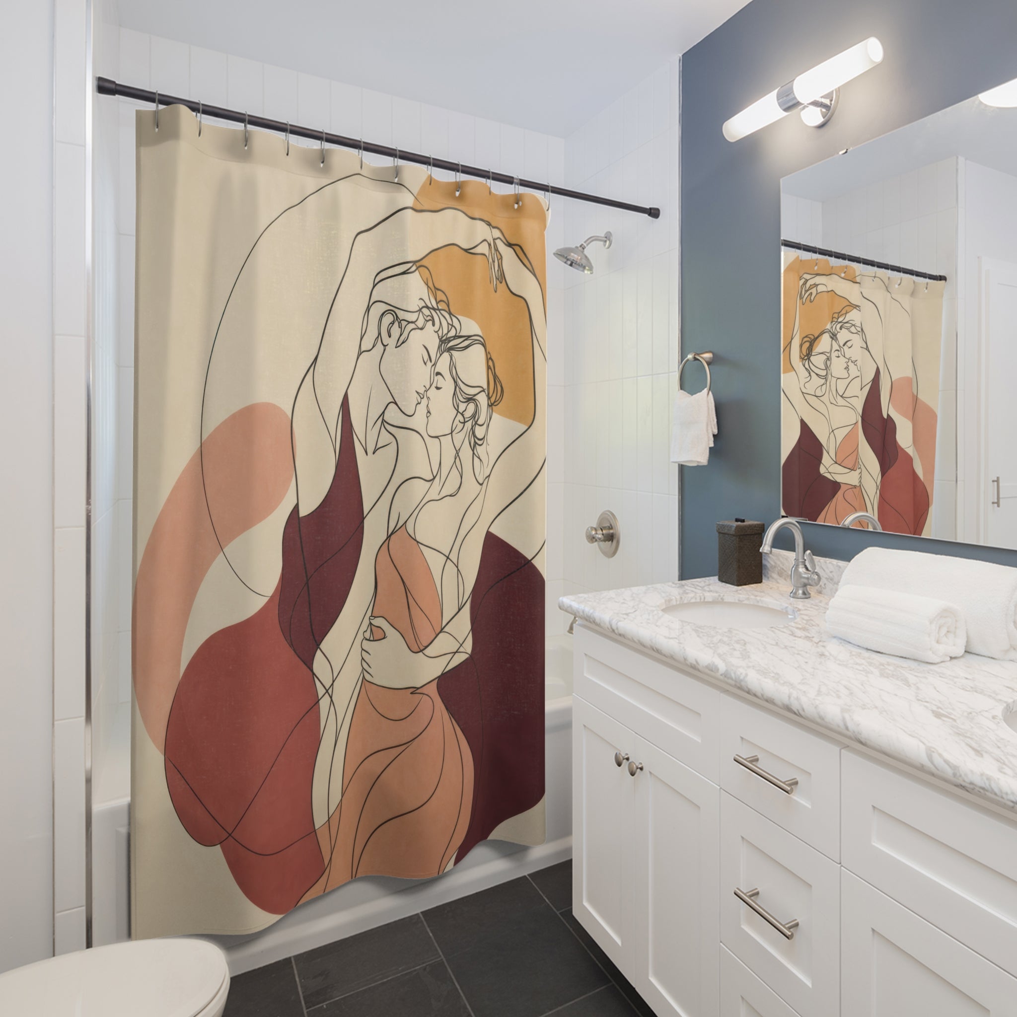 Figure Art Shower Curtain, Modern Woman Line Drawing Pattern, Burgundy Rust Bathroom Decor, Abstract Guest Bath Warm Art Style