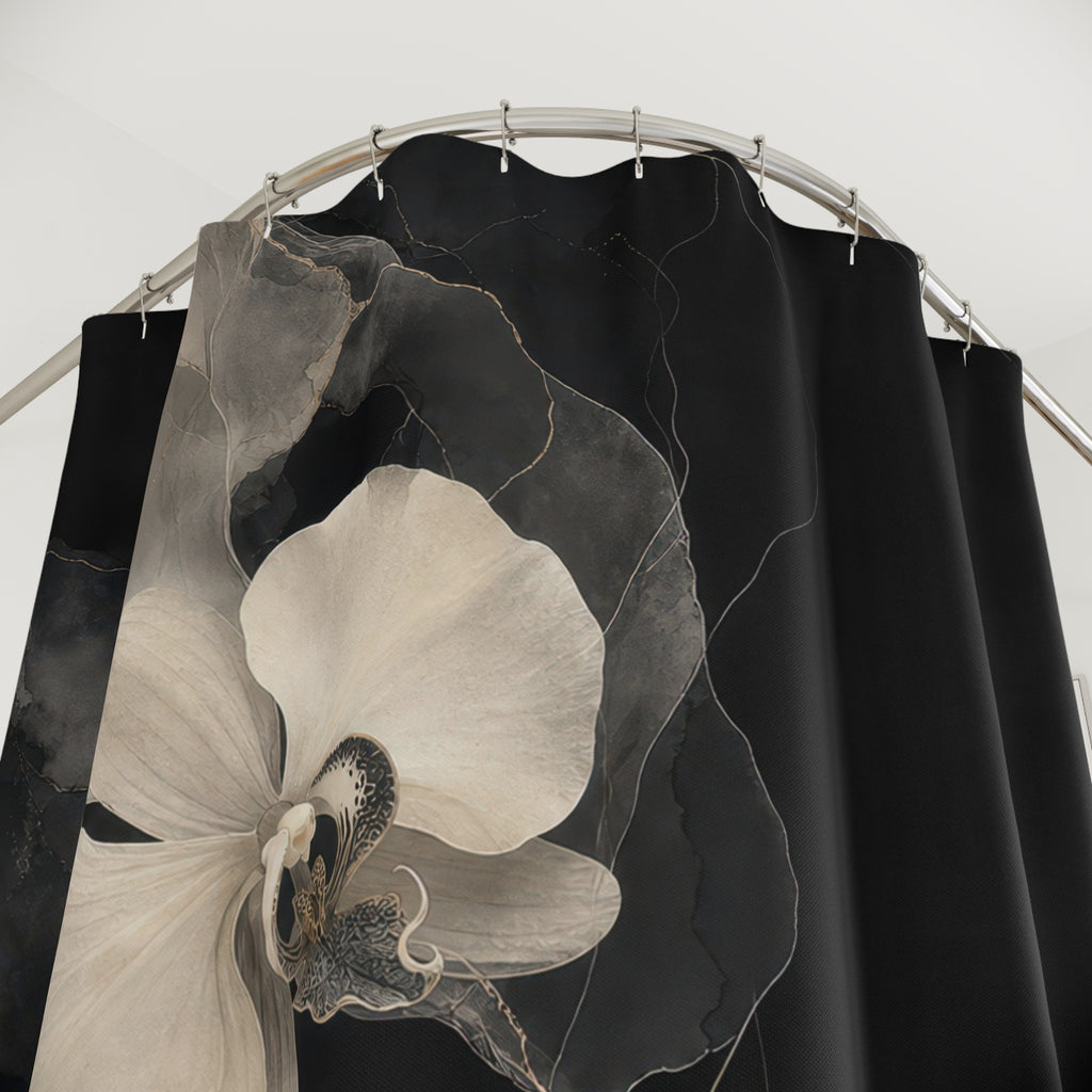 Black Floral Shower Curtain, White Orchid Bath Decor, Moody Gray Botanical Pattern, Dark Romantic Modern Guest Bathroom Decor Style