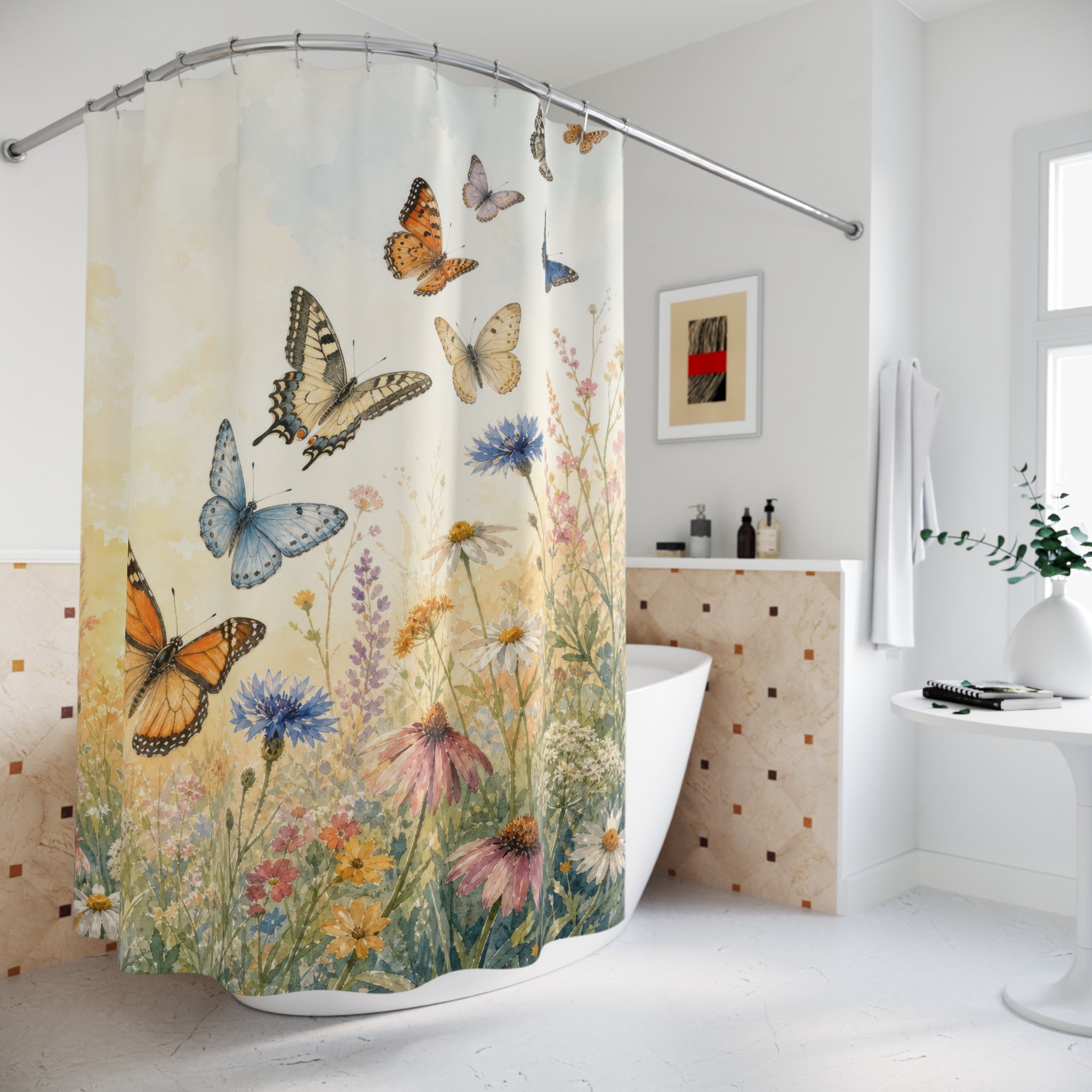 Watercolor Meadow Butterfly Shower Curtain
