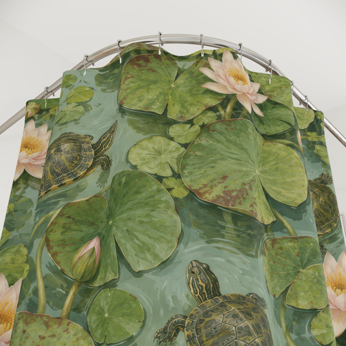 Olive turtles and pale pink water lilies shower curtain with close-up print, hooks, and folds