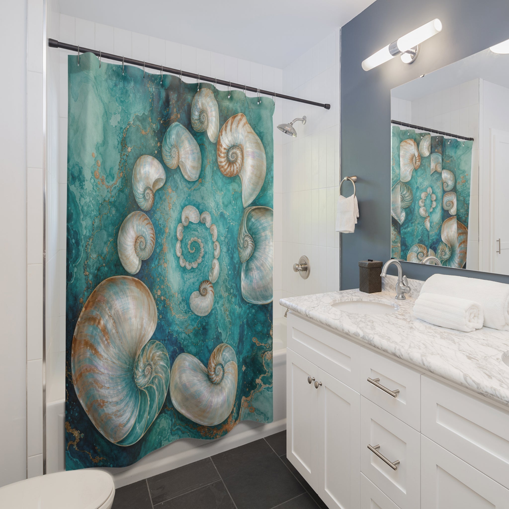 Teal Nautilus Shell Shower Curtain