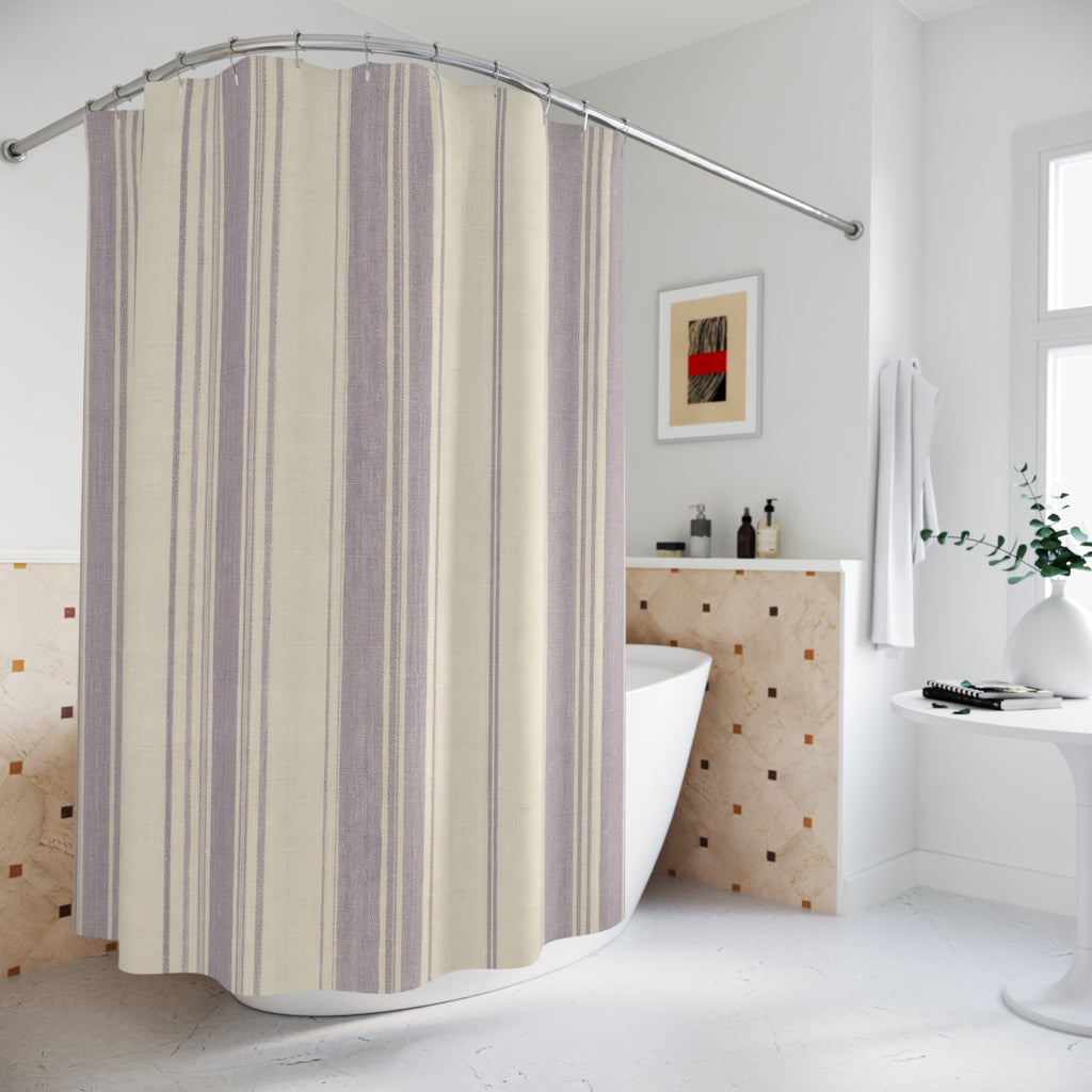Striped Shower Curtain, French Country Bath Decor, Lavender Beige Vertical Stripe Pattern, Soft Neutral Guest Bathroom Decor Style
