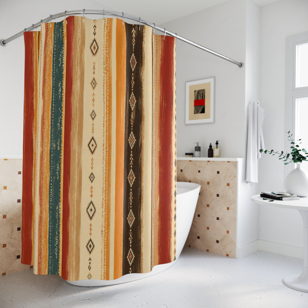 Rust Orange Teal Geometric Stripe Shower Curtain