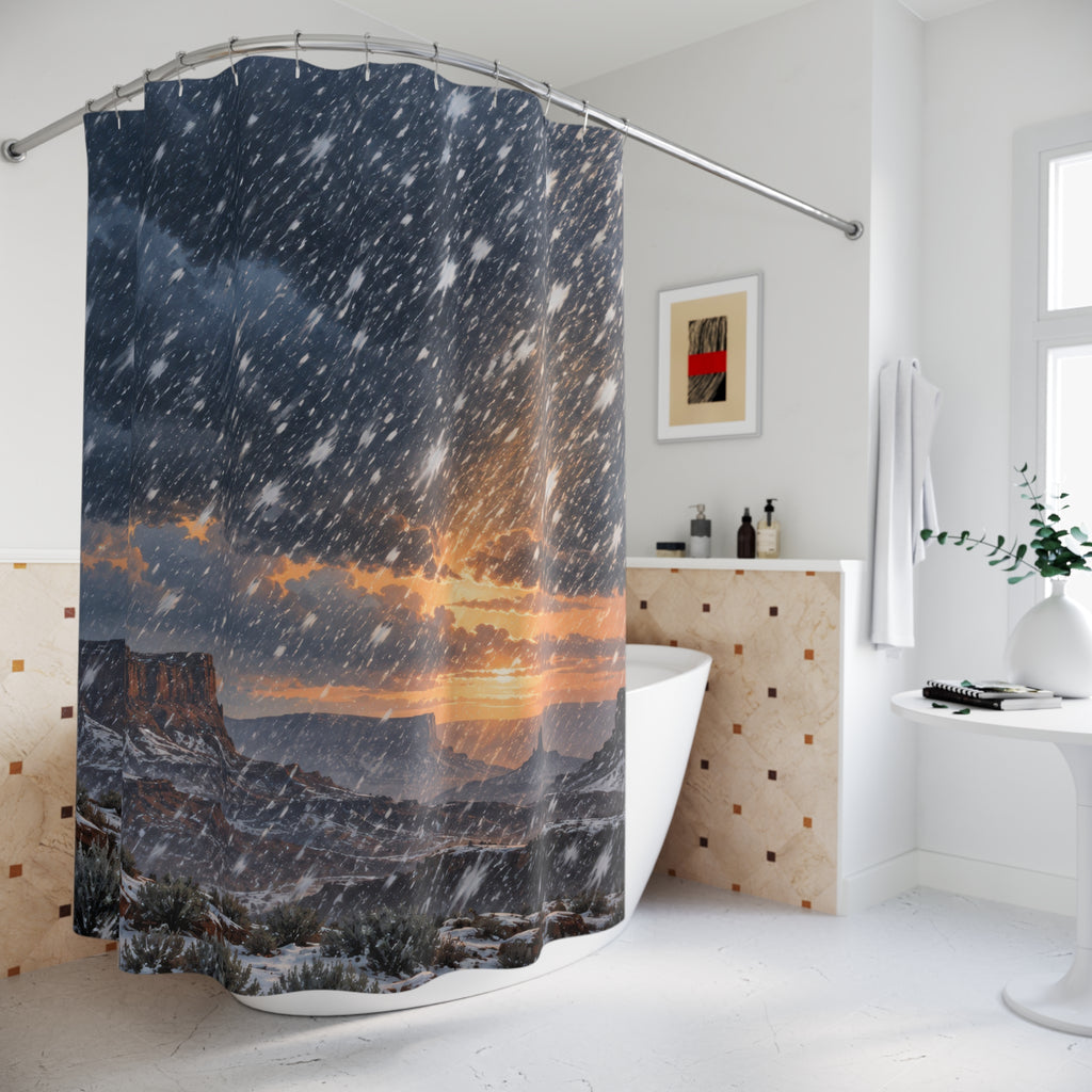 Western mesa snowfall shower curtain beside a freestanding tub