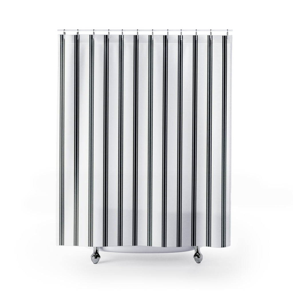 Fine black ticking stripe trios on white shower curtain with full front view