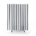 Fine black ticking stripe trios on white shower curtain with full front view