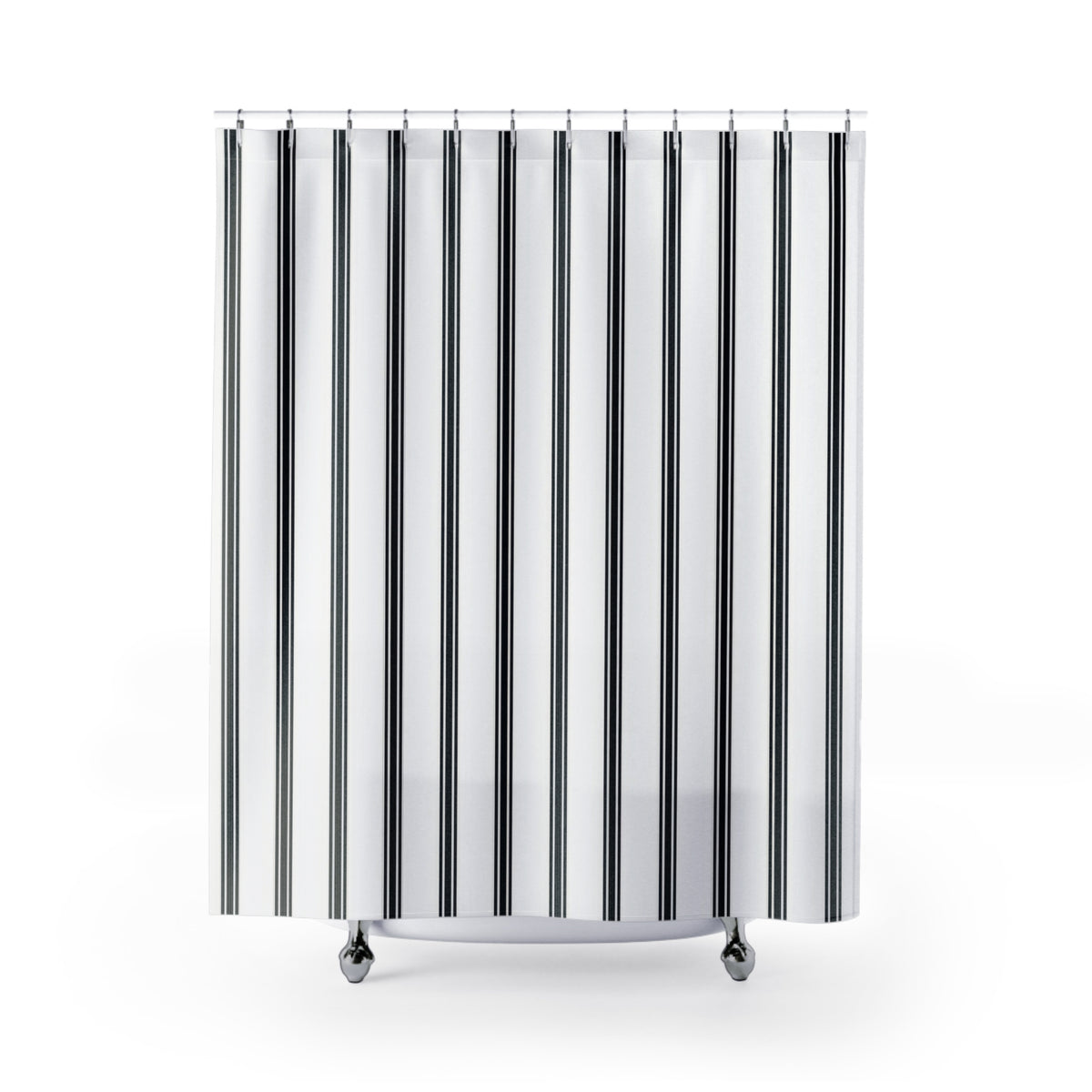 Fine black ticking stripe trios on white shower curtain with full front view