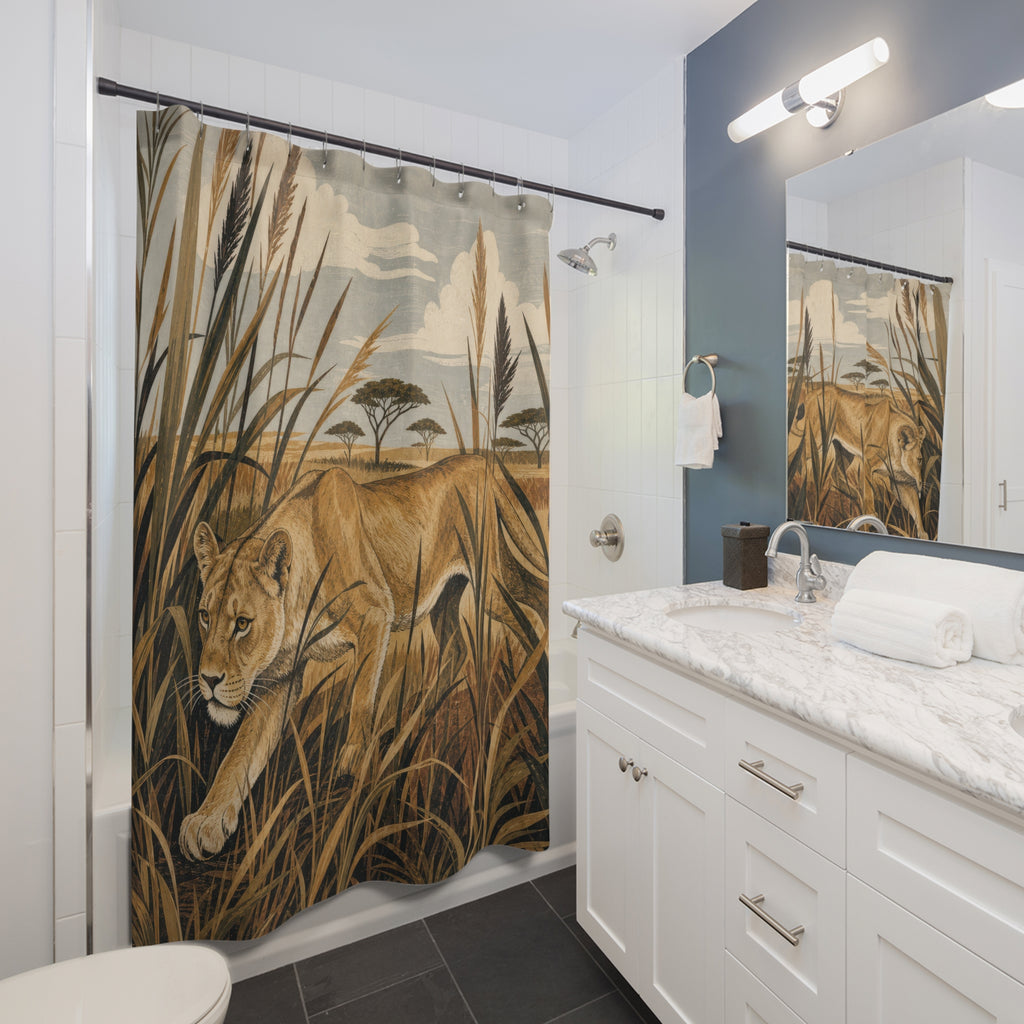 Lioness Reeds Safari Animal Scene Shower Curtain