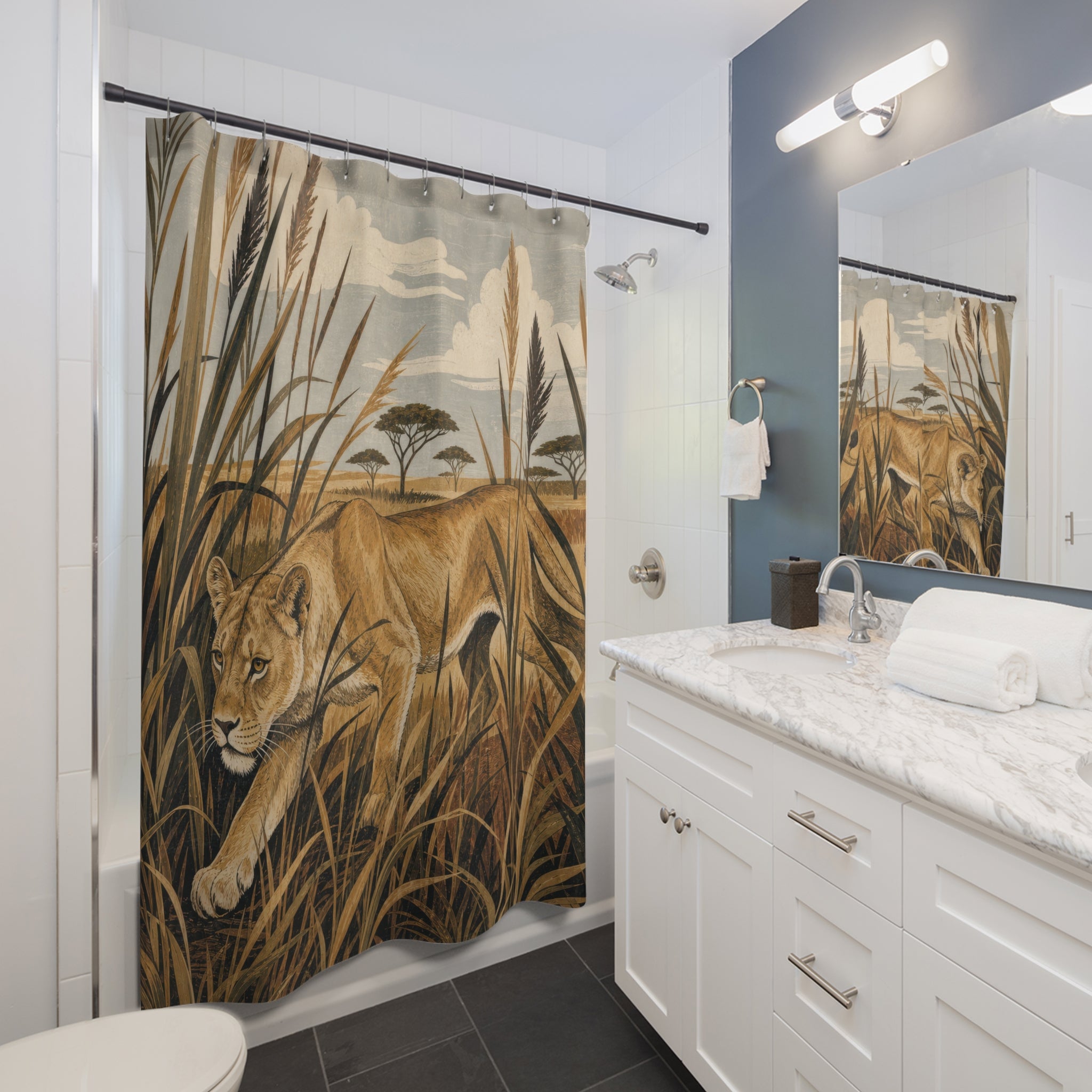 Lioness Reeds Safari Animal Scene Shower Curtain