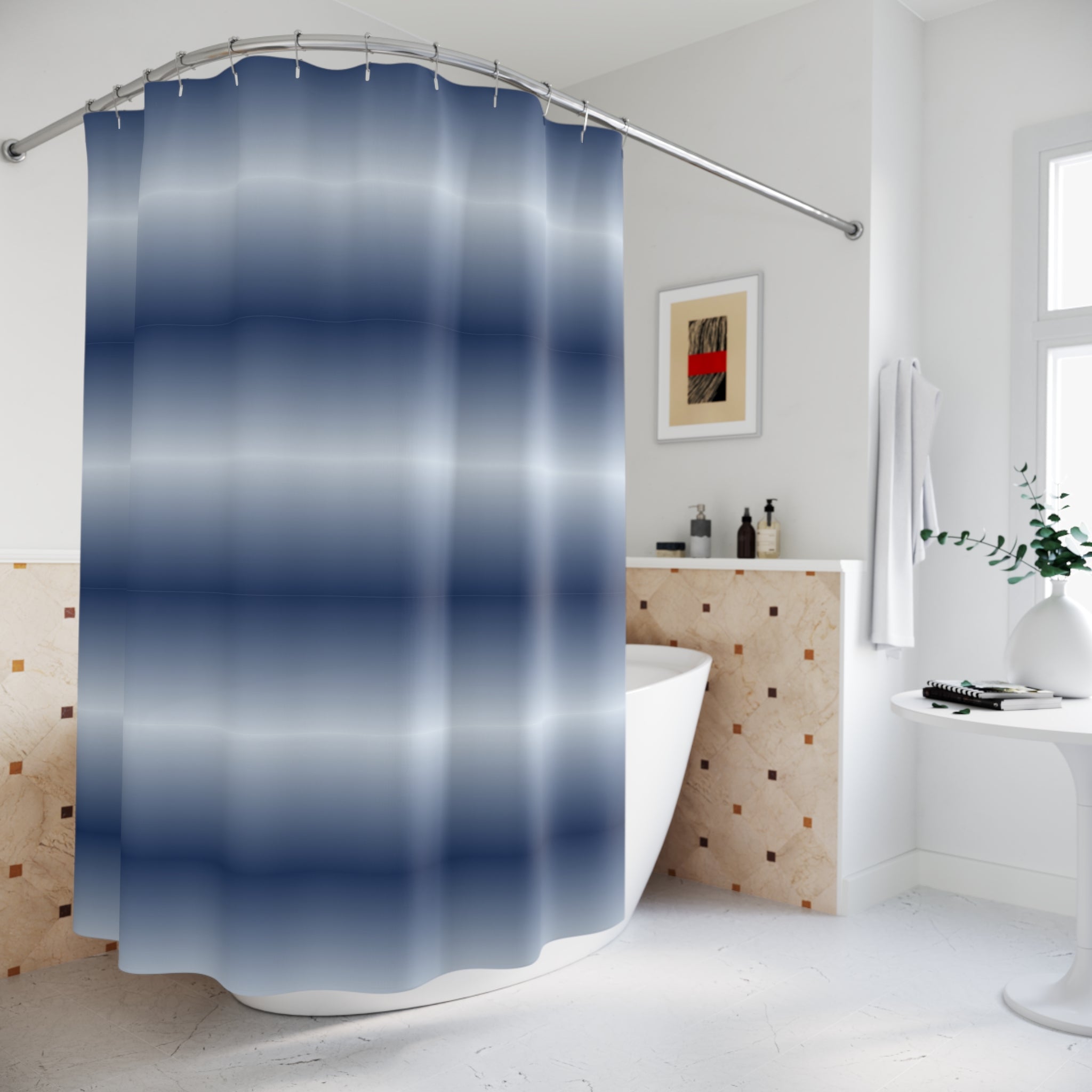 Blue and White Horizon Band Shower Curtain