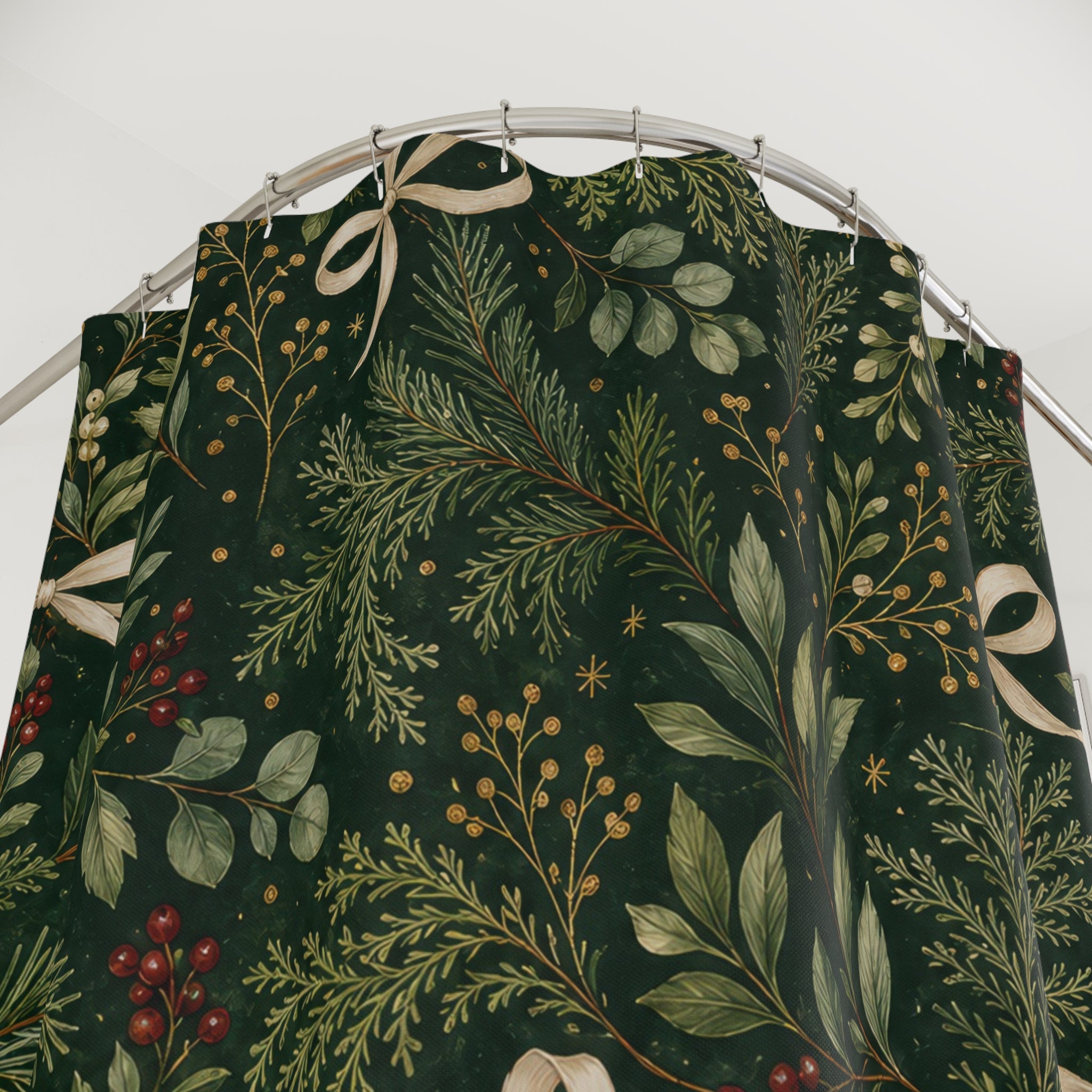 Green Christmas Shower Curtain, Dark Botanical Bath Decor, Cream Bow Ribbon Pattern, Holiday Gift Green Guest Bathroom Decor Style