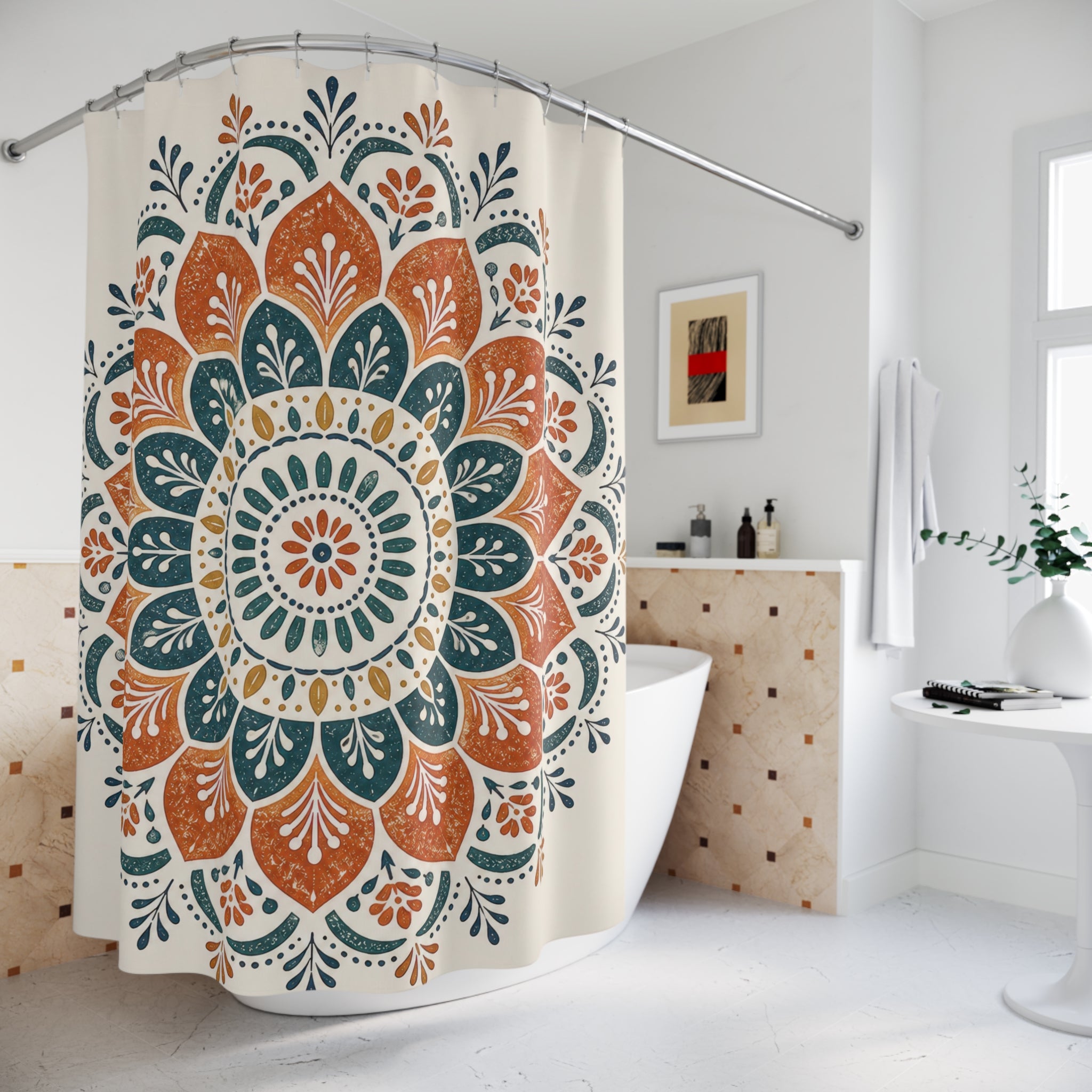 Orange Teal Floral Medallion Shower Curtain