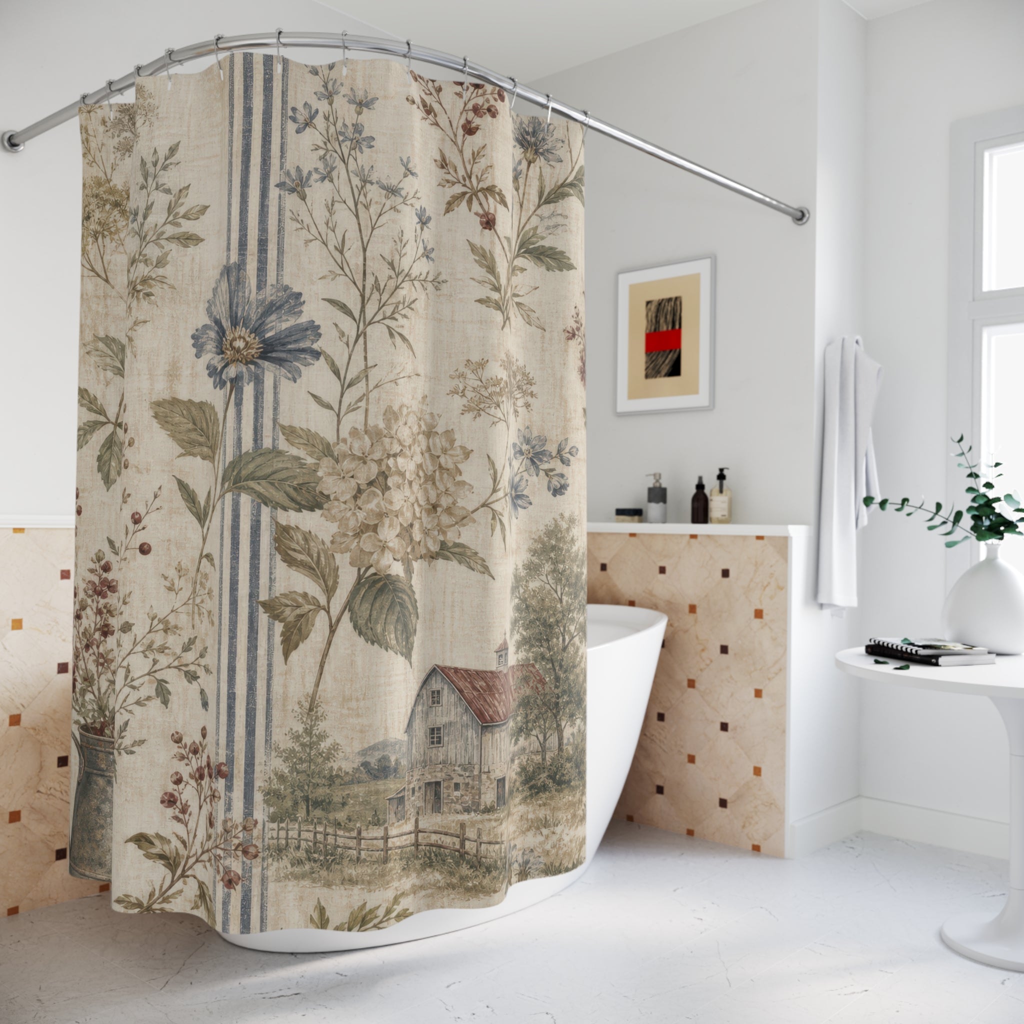Vintage Farmhouse Shower Curtain: Country Botanical Landscape