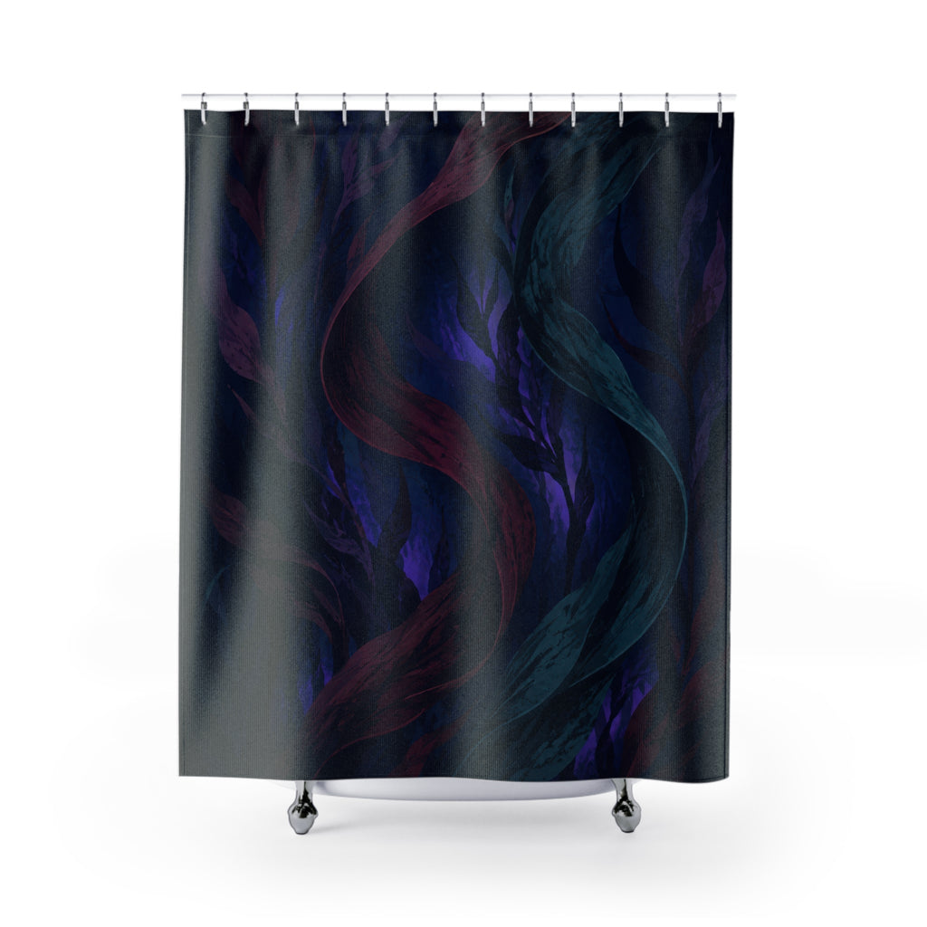 Burgundy and violet kelp ribbons on a blue-black ocean field shower curtain with full front view