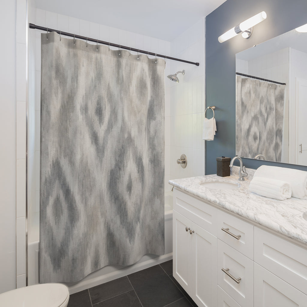Ikat Shower Curtain, Gray Boho Bath Decor, Soft Diamond Pattern, Neutral Guest Bathroom Decor, Modern Neutral Boho Diamond Spa Style