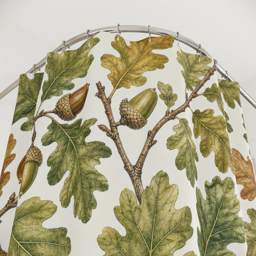 Acorn Botanical Woodland oak leaf shower curtain with close-up print, hooks, and folds
