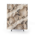Taupe, ivory and charcoal scallop shells in diagonal clusters shower curtain with full front view