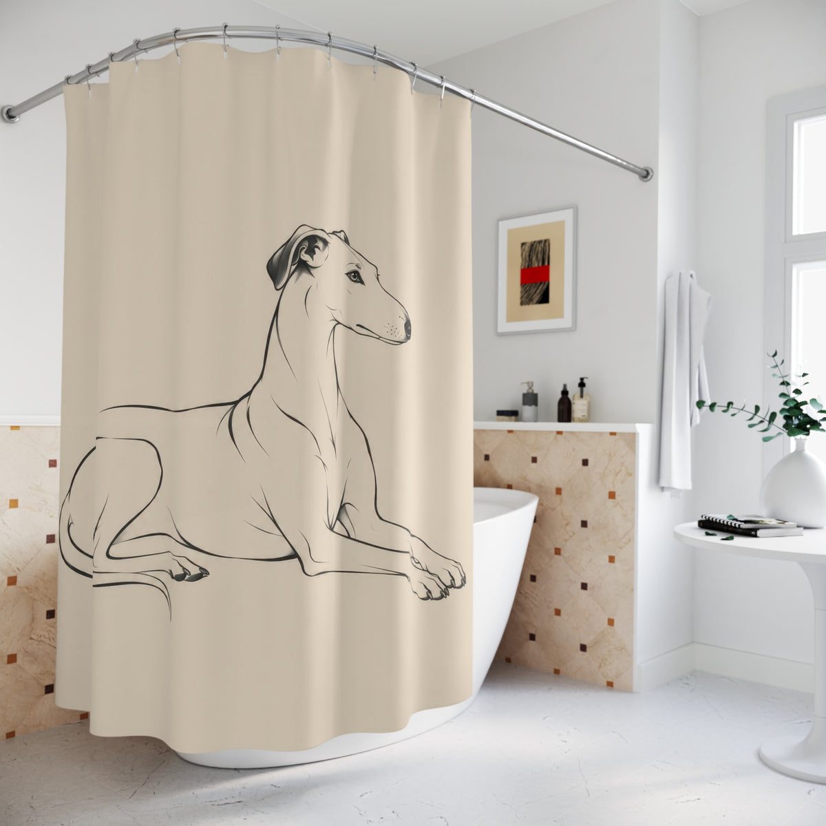 Charcoal contour drawing of a reclining dog on oatmeal shower curtain beside a freestanding tub