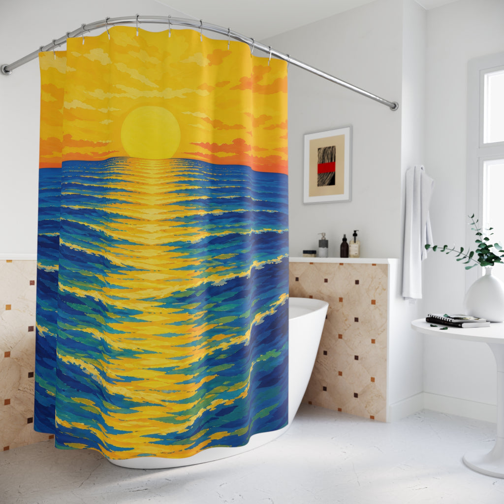Yellow ocean sunrise over cobalt and teal waves shower curtain beside a freestanding tub