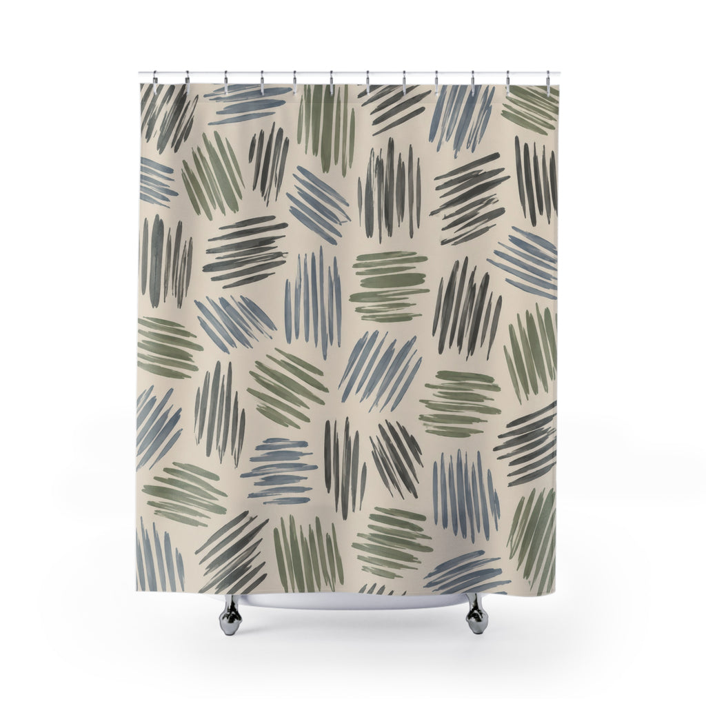 Sage, dusty blue and gray hatch marks on cream shower curtain with full front view