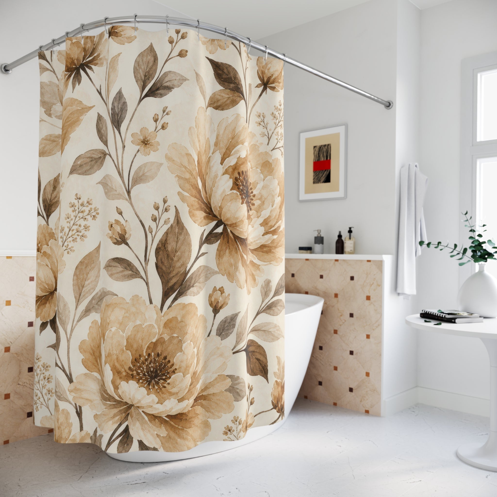 Brown Beige Floral Arch Collage Shower Curtain