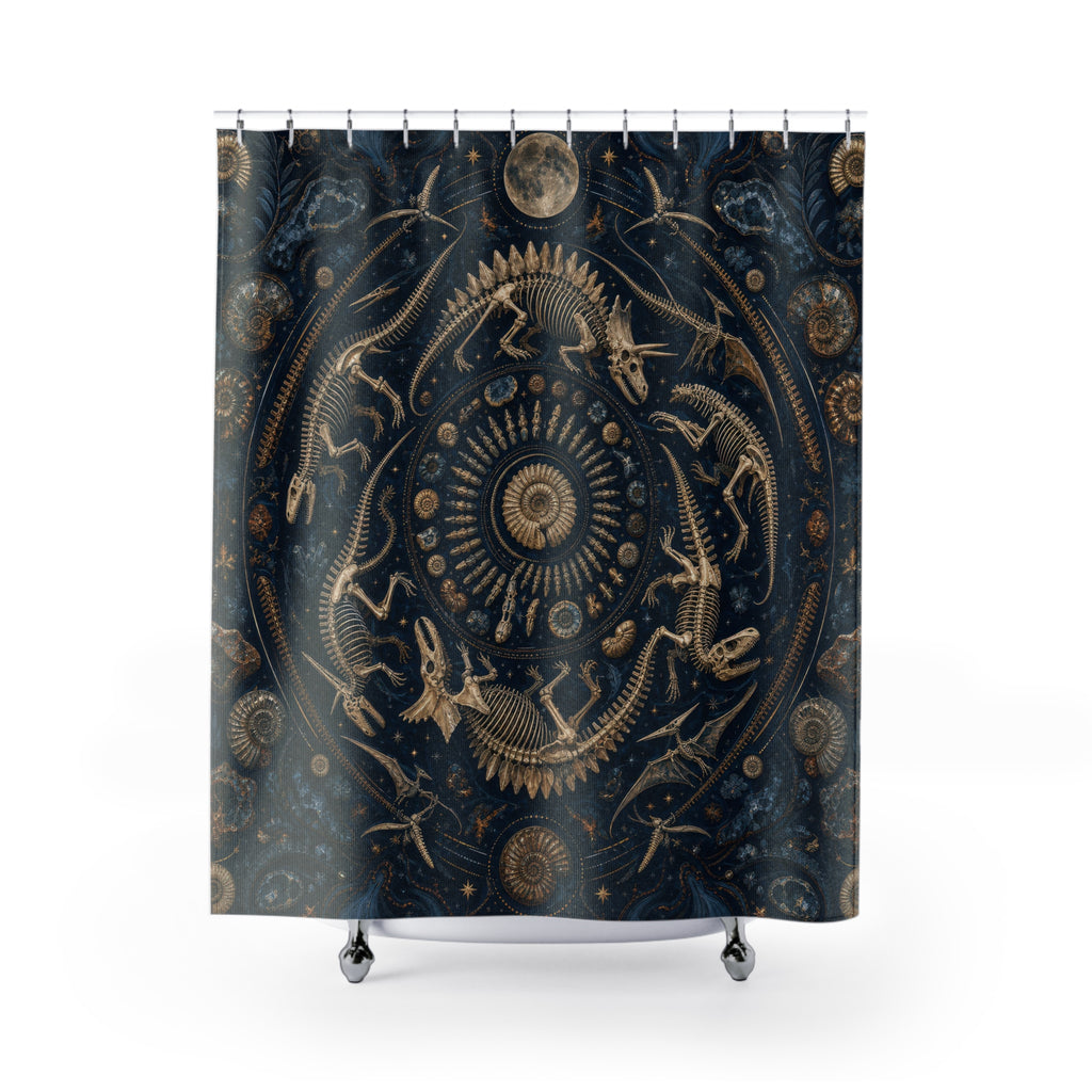 Navy gold dinosaur fossil medallion shower curtain, full front view