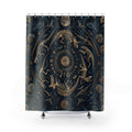 Navy gold dinosaur fossil medallion shower curtain, full front view