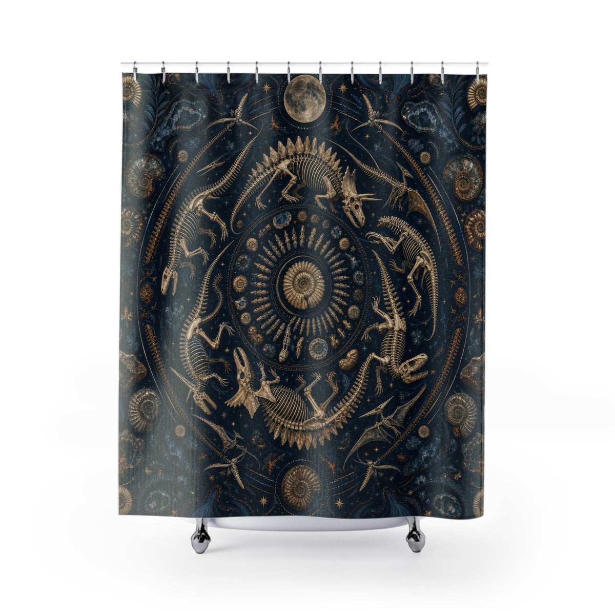 Navy gold dinosaur fossil medallion shower curtain, full front view