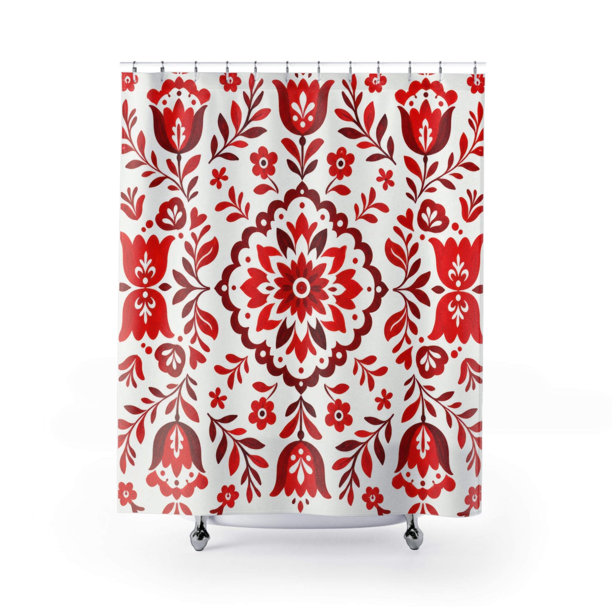 Red White Folk Floral Shower Curtain