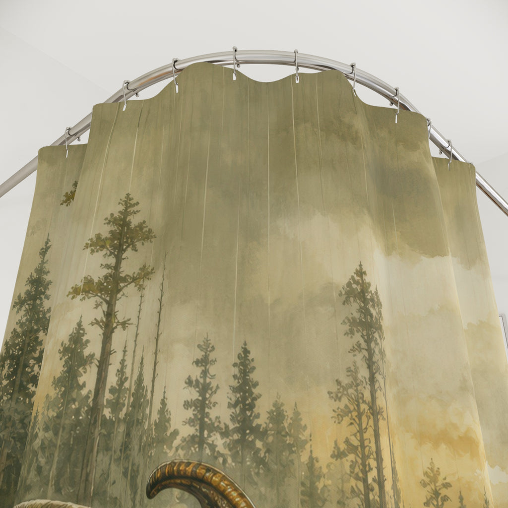 Close-up of Hadrosaur herd crossing a misty forest marsh shower curtain with hooks and folds