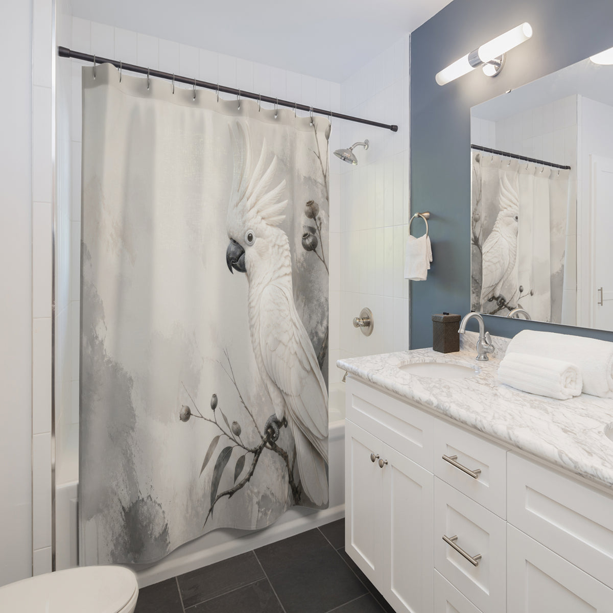 Grey Ink Wash Cockatoo Shower Curtain